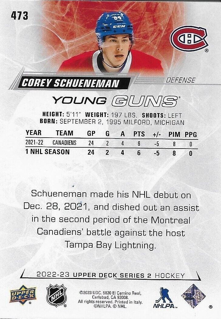 Signed Corey Schueneman Young Guns 2022-23 UD Montreal Canadiens Rookie Card