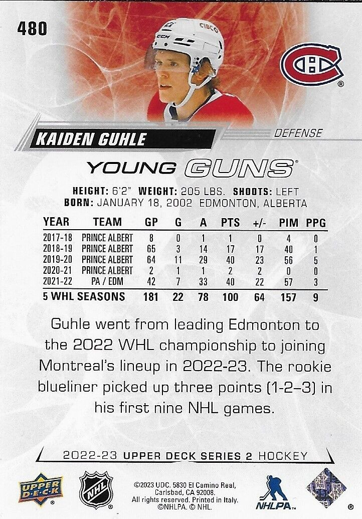Carte recrue signée Kaiden Guhle Young Guns 2022-23 UD des Canadiens de Montréal