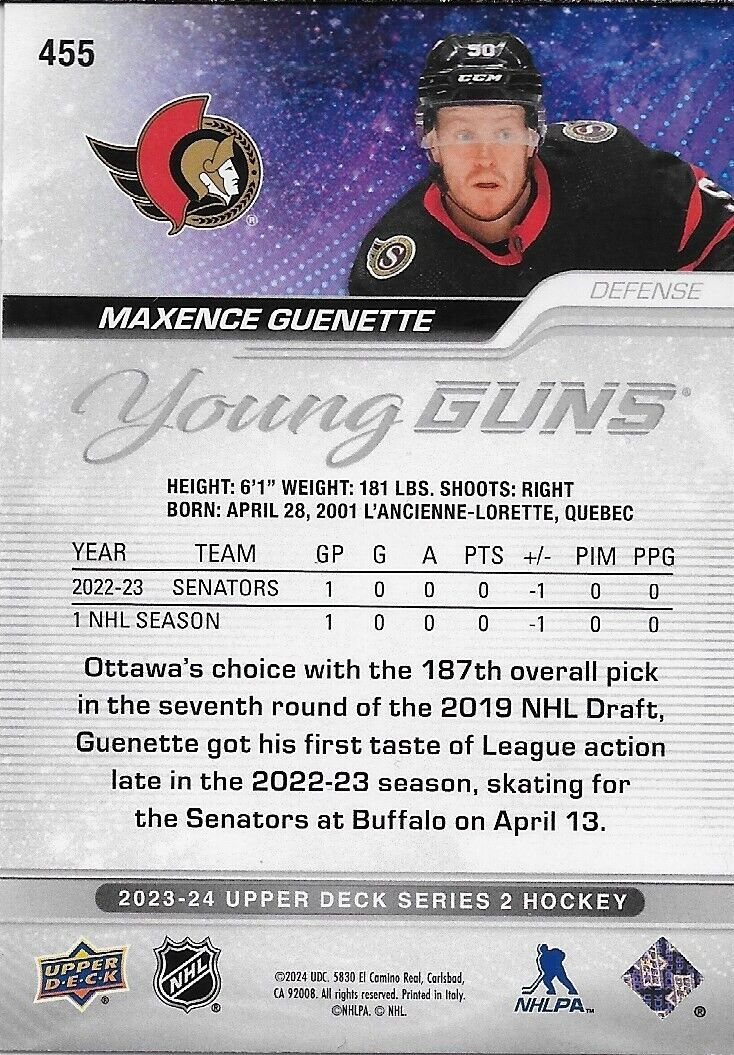 Carte de recrue signée par Maxence Guenette Young Guns 2023-24 UD des Sénateurs d'Ottawa