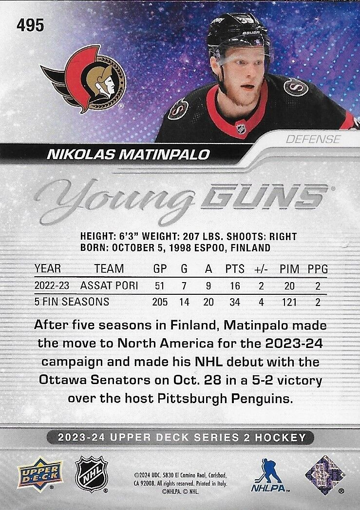 Signed Nikolas Matinpalo Young Guns 2023-24 UD Ottawa Senators Rookie Card