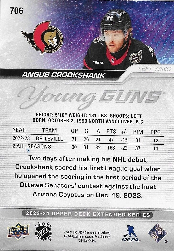 Carte de recrue signée Angus Crookshank Young Guns 2023-24 UD des Sénateurs d'Ottawa