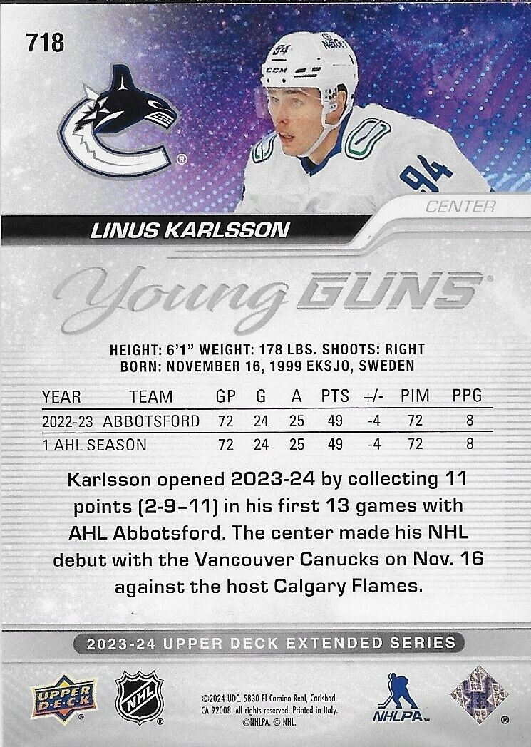 Signed Linus Karlsson Young Guns 2023-24 UD Vancouver Canucks Rookie Card