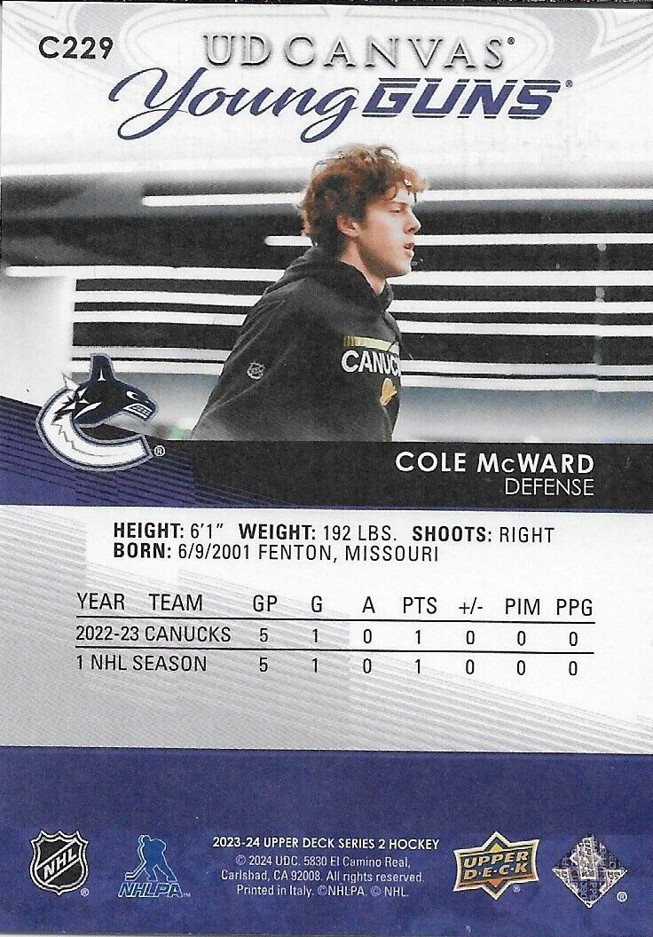 Carte de recrue signée Cole McWard Young Guns 23-24 UD Canvas Vancouver Canucks