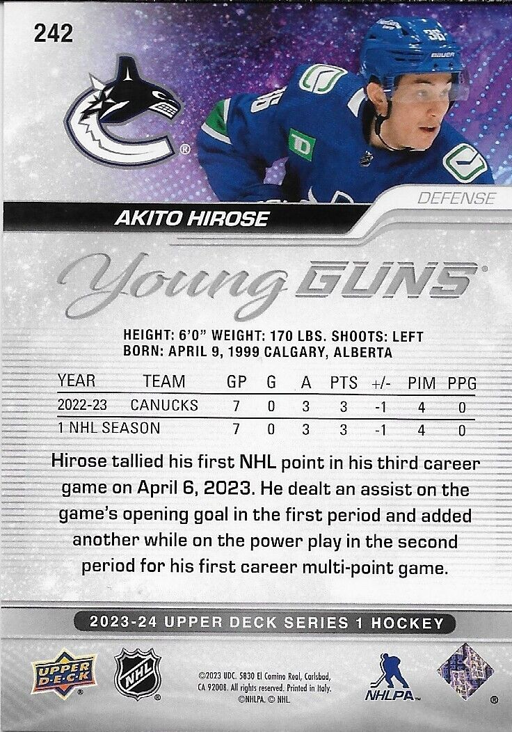 Signed Akito Hirose Young Guns 2023-24 UD Vancouver Canucks Rookie Card