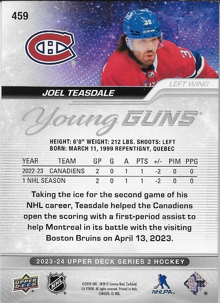 Carte de recrue signée Joel Teasdale UD Young Guns 2023-24 des Canadiens de Montréal
