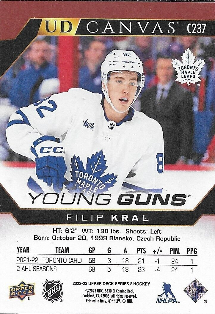 Signed Filip Kral 2022-23 UD Canvas Young Guns Toronto Maple Leafs Rookie Card