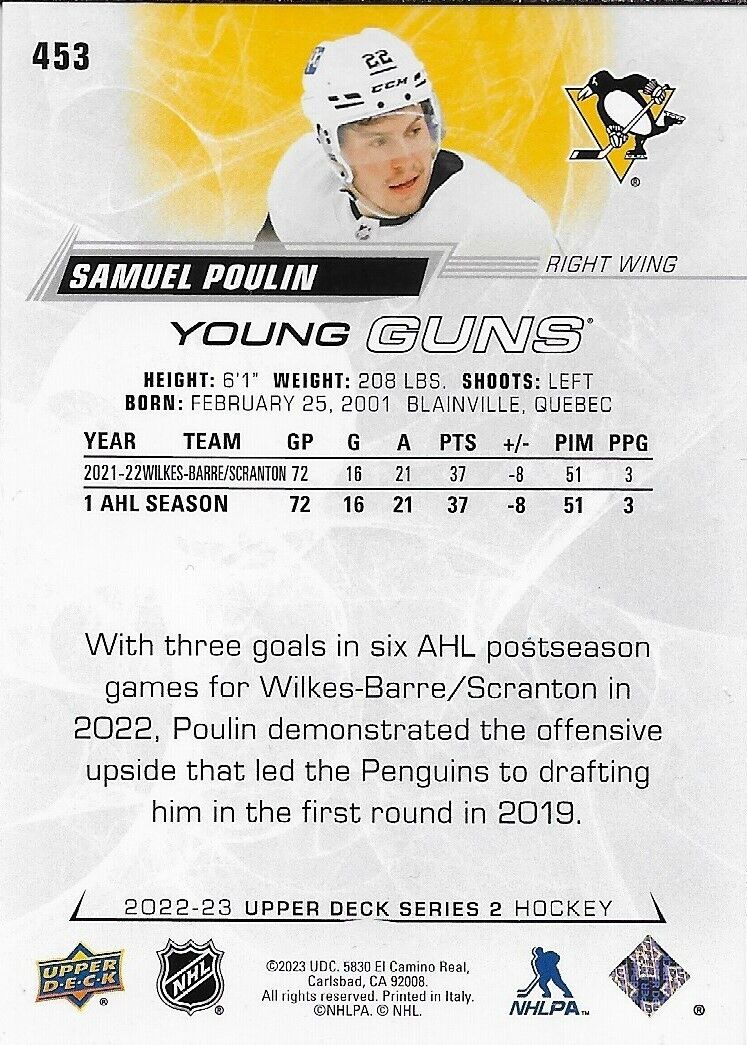 Signed Samuel Poulin Young Guns 2022-23 UD Pittsburgh Penguins Rookie Card