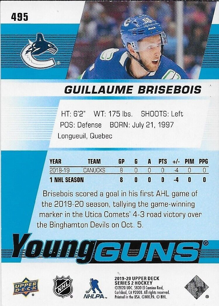 Carte de recrue signée Guillaume Brisebois Young Guns 2019-20 UD Vancouver Canucks