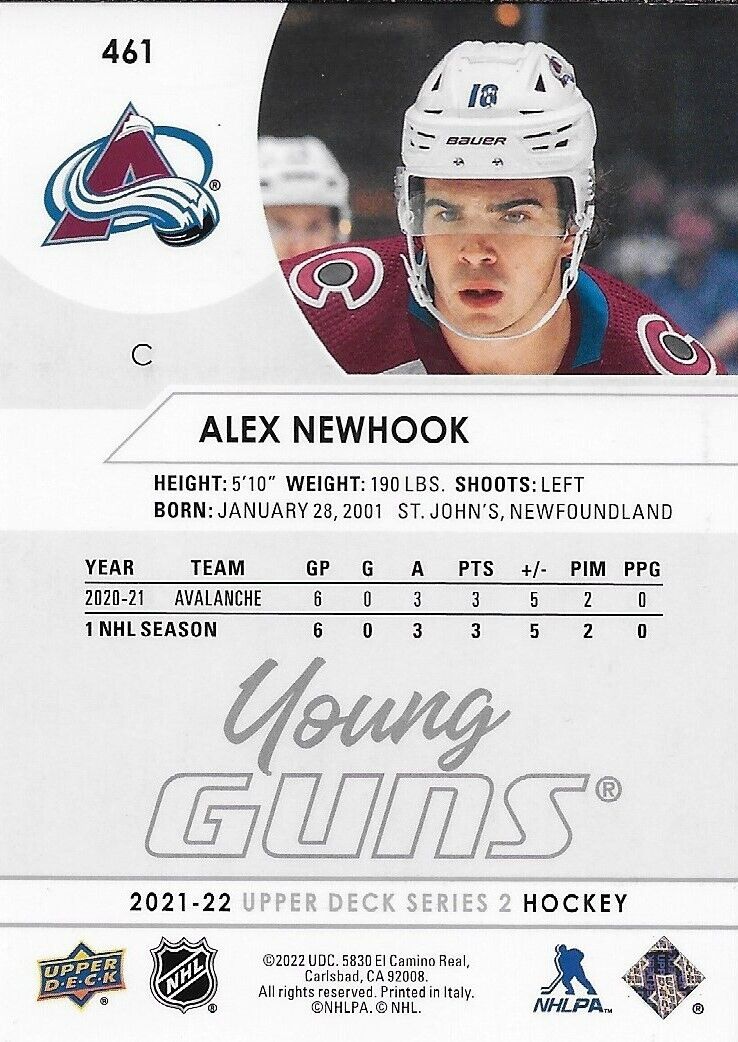 Carte de recrue signée Alex Newhook Young Guns 21-22 UD Colorado Avalanche Original