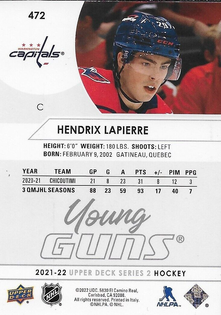 Carte de recrue signée Hendrix Lapierre Young Guns 2021-22 UD Washington Capitals