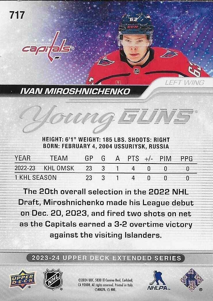Signed Tvan Miroshnichenko Young Guns 2023-24 UD Washington Capitals Rookie Card