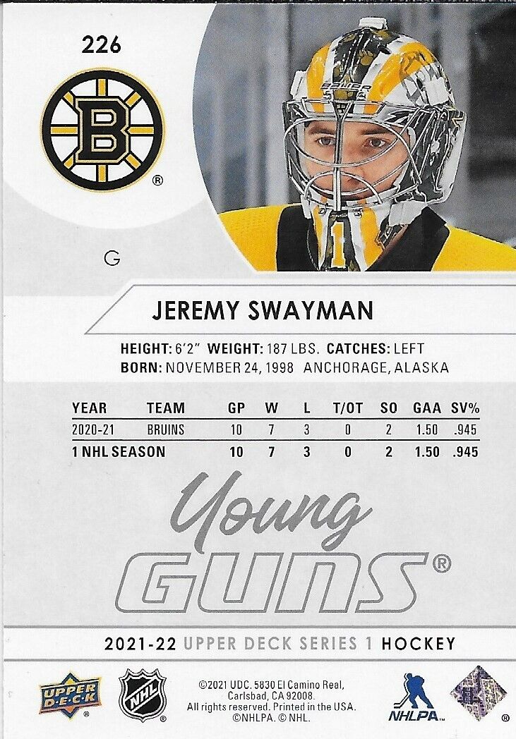 Signed Jeremy Swayman 2021-22 UD Young Guns Boston Bruins Rookie Card