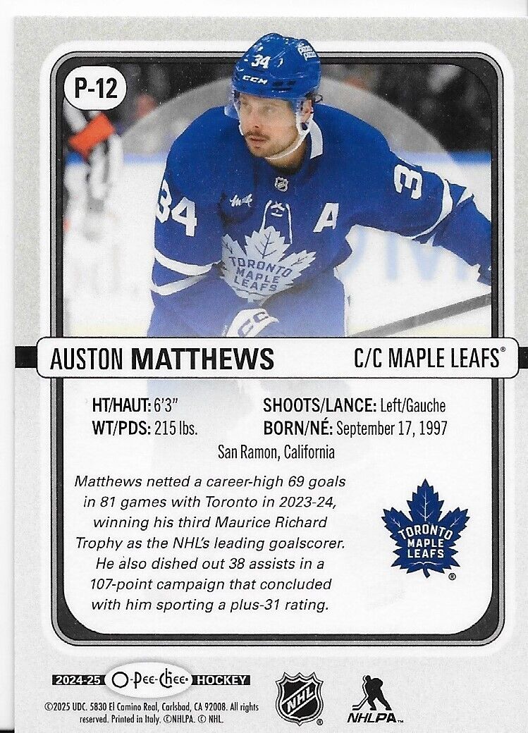 2024-25 O-Pee-Chee Premier Hockey Auston Matthews P-12 Toronto Maple Leafs