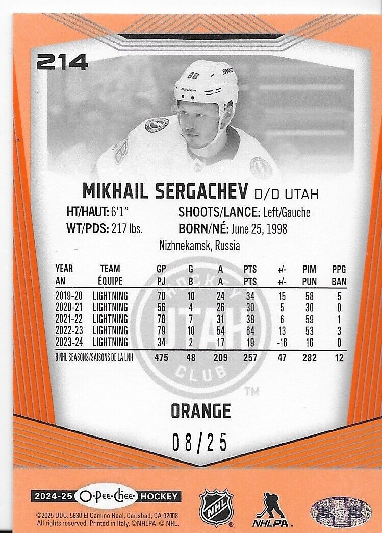 2024-25 O-Pee-Chee Mikhail Segachev Tampa Bay Lightning Orange 08/25 214
