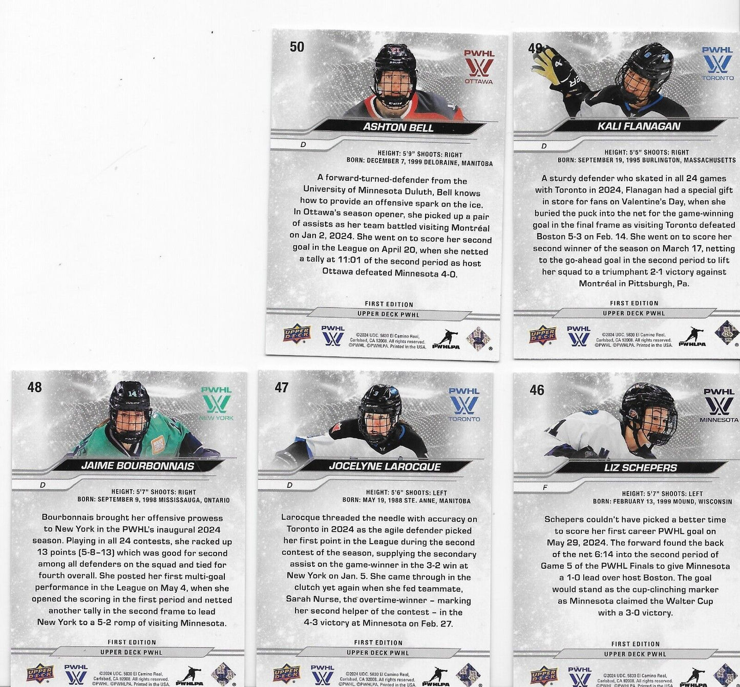 2024-25 Upper Deck PWHL Women's Hockey Complete base set of 50 base cards (1-50)