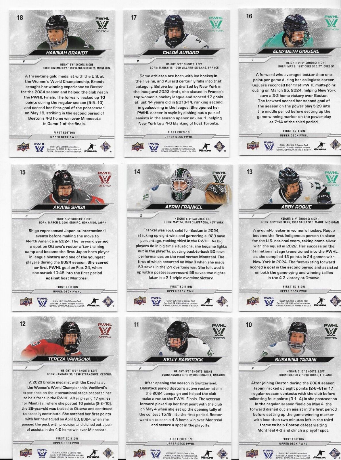 2024-25 Upper Deck PWHL Women's Hockey Complete base set of 50 base cards (1-50)