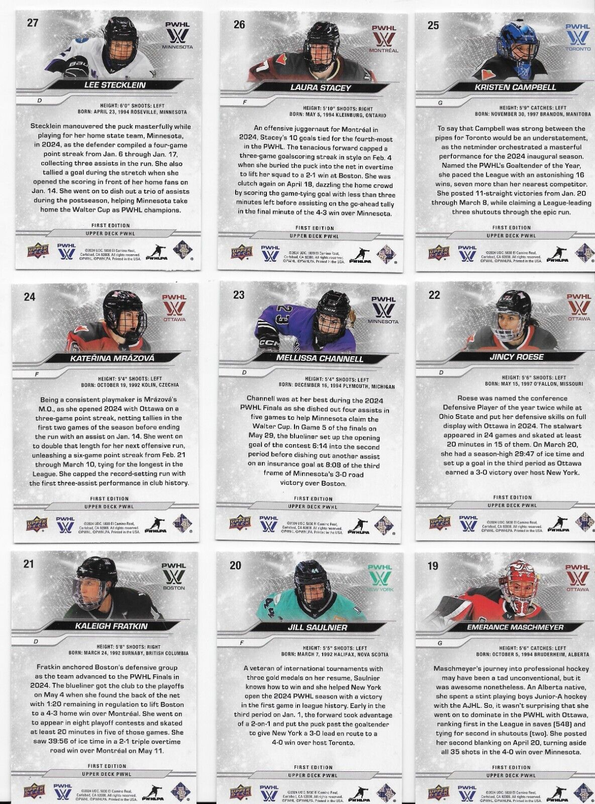 2024-25 Upper Deck PWHL Women's Hockey Complete base set of 50 base cards (1-50)