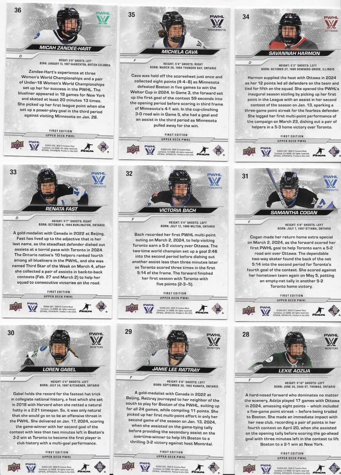 2024-25 Upper Deck PWHL Women's Hockey Complete base set of 50 base cards (1-50)