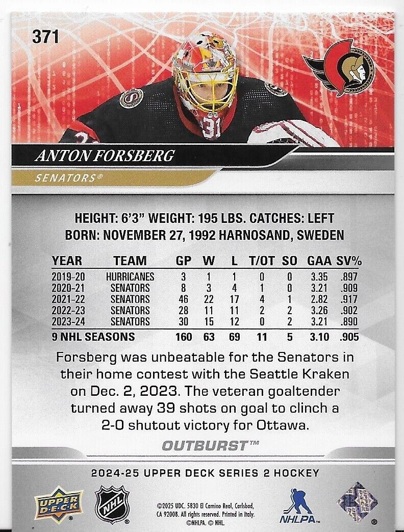 2024-25 Upper Deck Series 2 Hockey Anton Forsberg Red Outburst 23/25 Senators