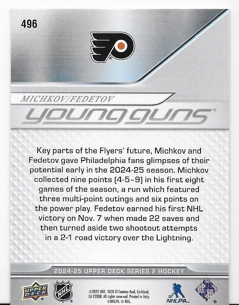 2024-25 Upper Deck Series 2 Hockey Michkov Fedetov Young Guns Teammates Flyers