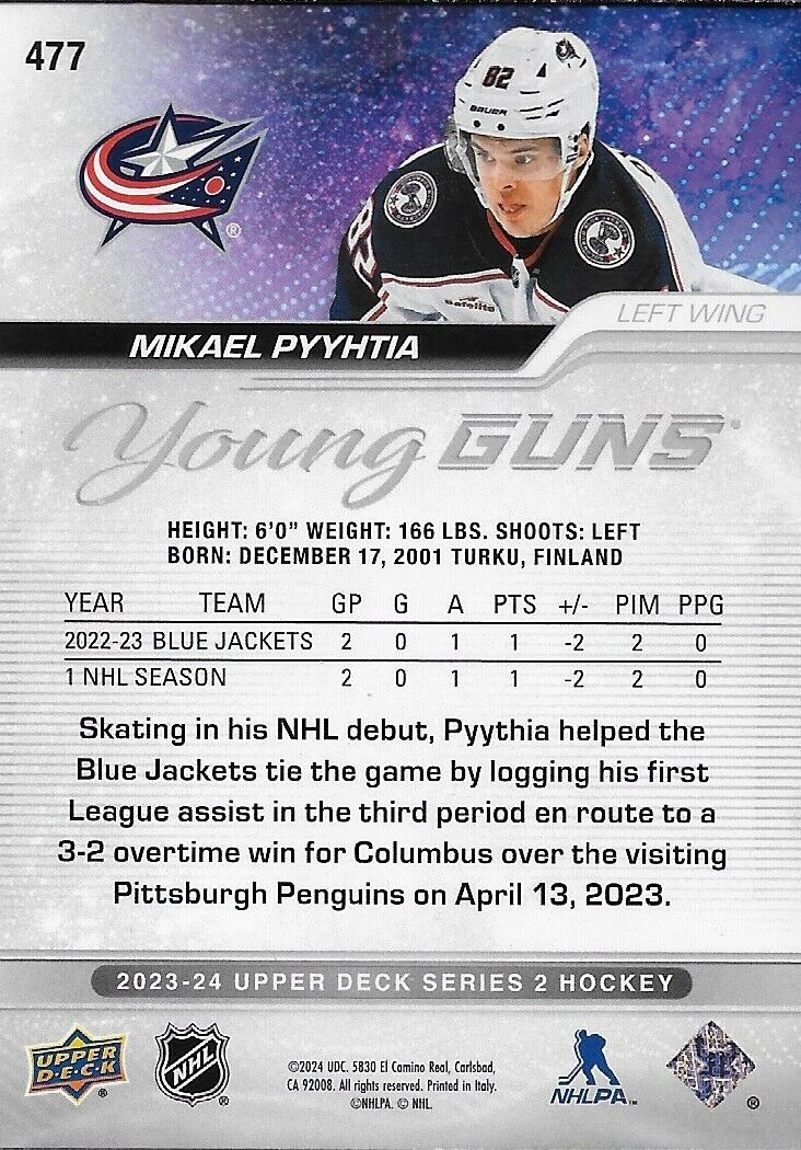 Signed Mikael Pyyhtia 2023-24 UD Columbus Blue Jackets Young Guns Rookie Card
