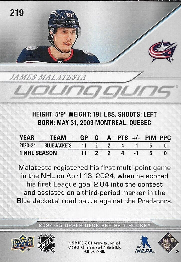 Signed James Malatesta 2024-25 UD Columbus Blue Jackets Young Guns Rookie Card