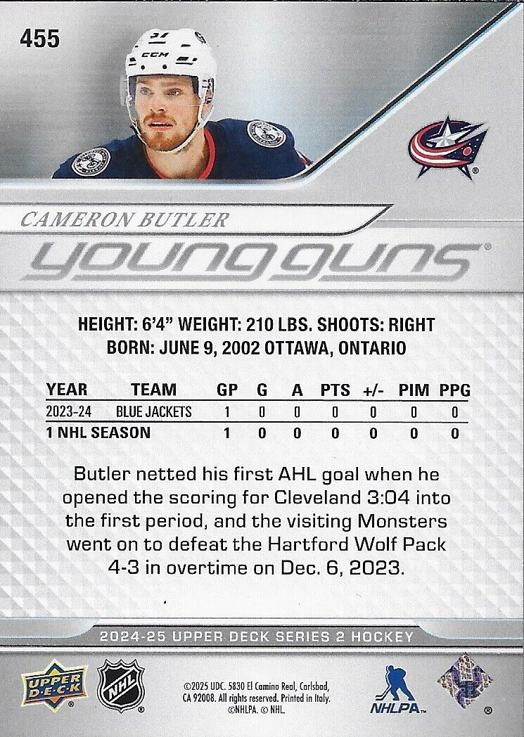 Signed Cameron Butler 2024-25 UD Columbus Blue Jackets Young Guns Rookie Card