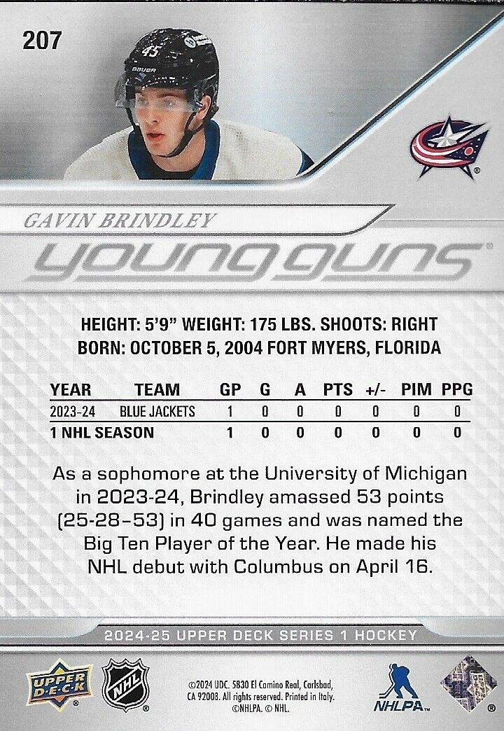 Signed Gavin Brindley 2024-25 UD Young Guns Columbus Blue Jackets Rookie Card