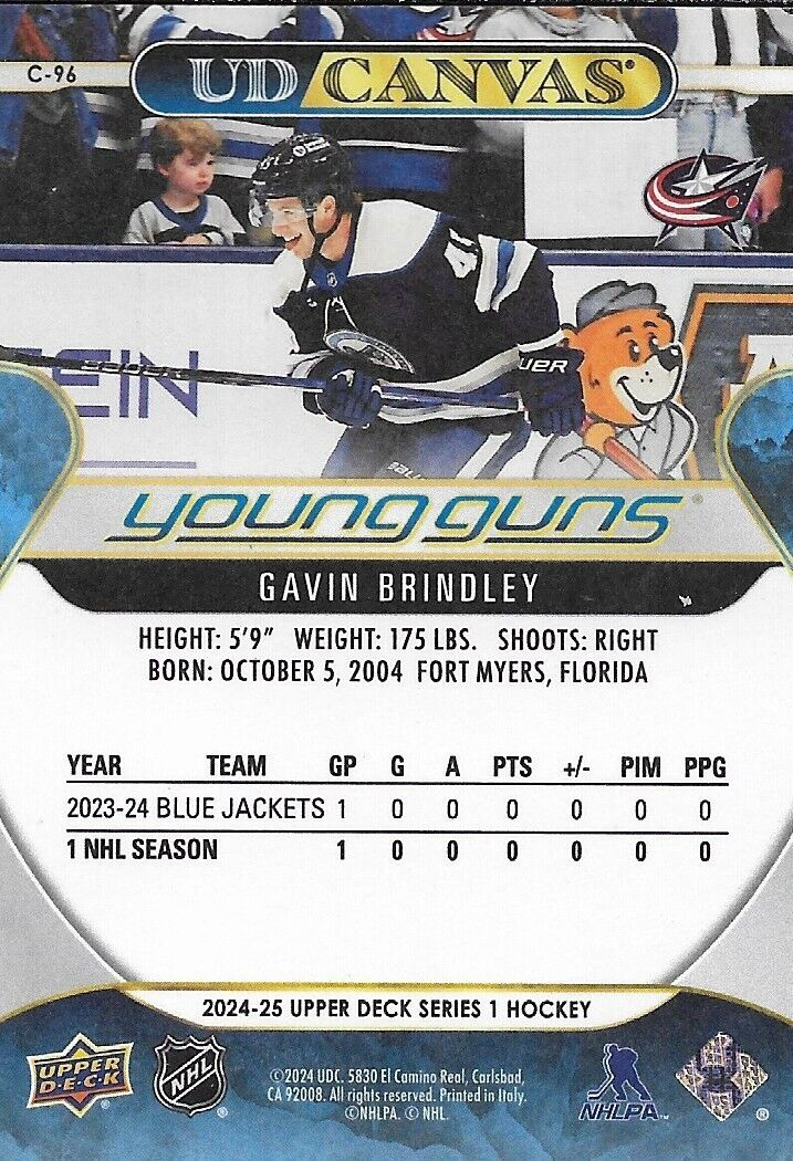 Signed Gavin Brindley 24-25 UD Young Guns Canvas Columbus Blue Jackets Rookie Cd