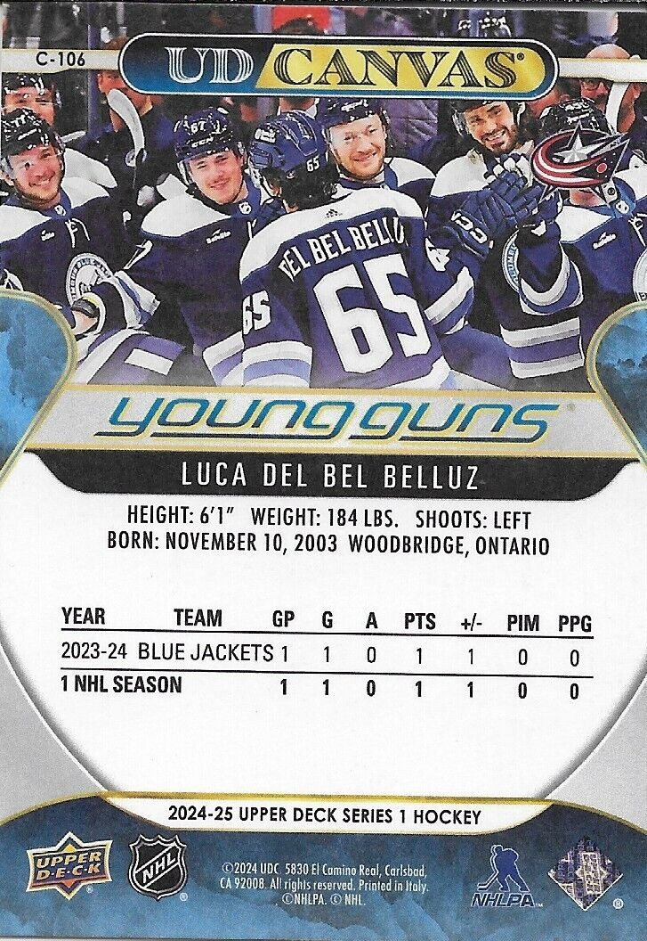 Signed Luca Del Bel Belluz 24-25 UD Young Guns Canvas Columbus Blue Jackets Card