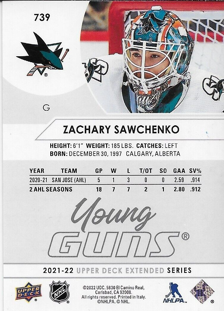 Signed Zachary Sawchenko 2021-22 UD Young Guns San Jose Sharks Rookie Card