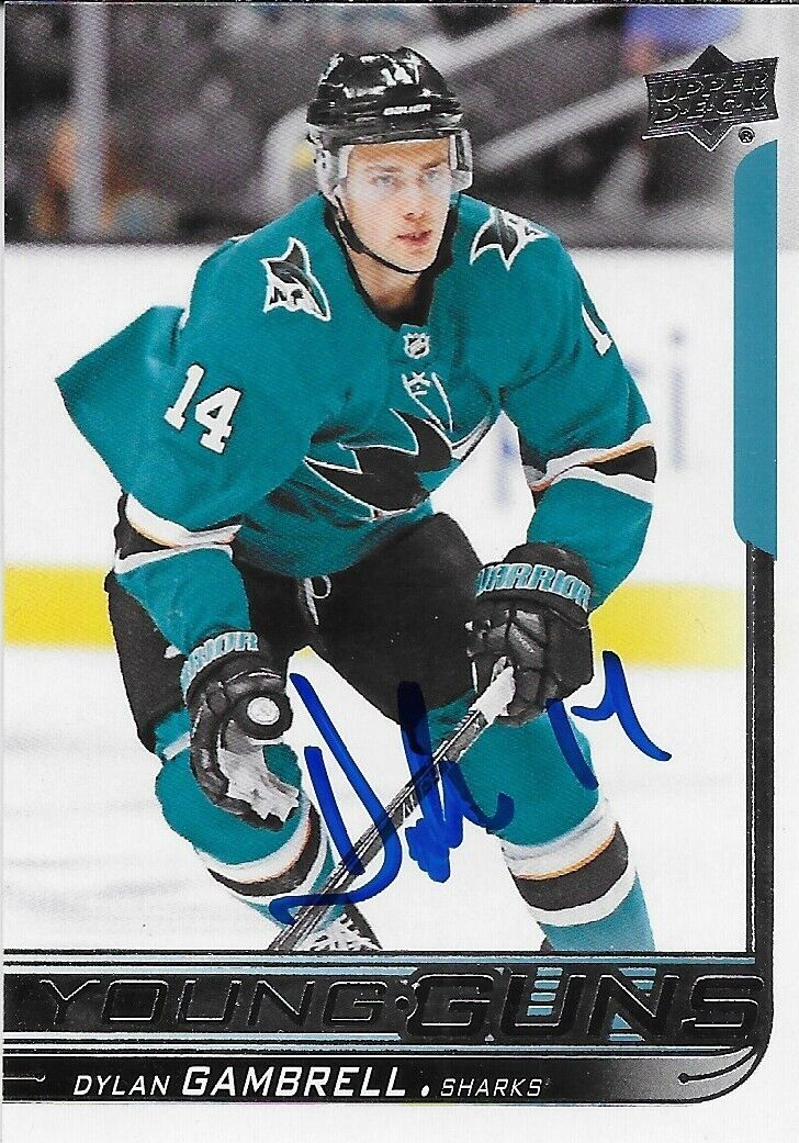 Signed Dylan Gambrell 2018-19 UD Young Guns San Jose Sharks Rookie Card