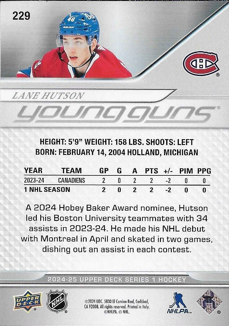 Signed Lane Hutson 24-25 UD Young Guns Montreal Canadiens Rookie Card Original