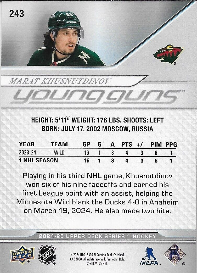 Signed Marat Khusnutdinov 2024-25 UD Young Guns Minnesota Wild Rookie Card