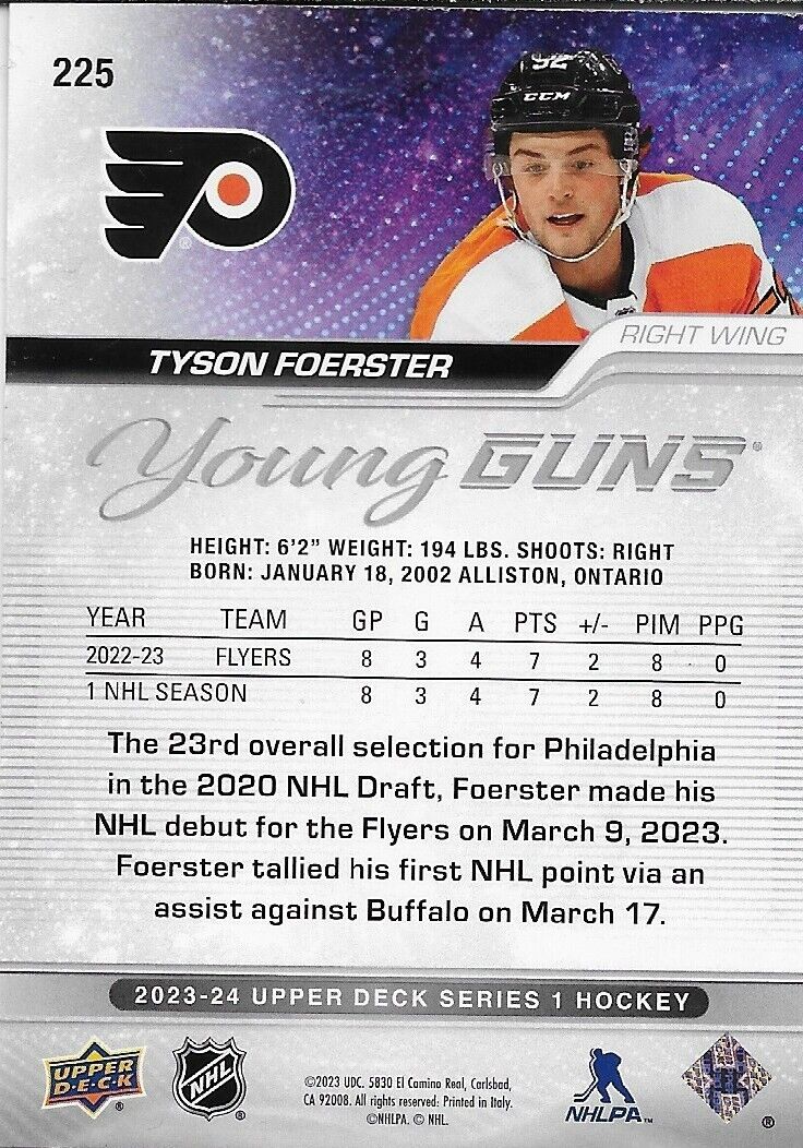 Signed Tyson Foerster 2023-24 UD Young Guns Philadelphia Flyers Rookie Card