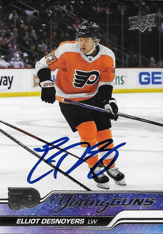 Signed Elliot Desnoyers 2023-24 UD Young Guns Philadelphia Flyers Rookie Card