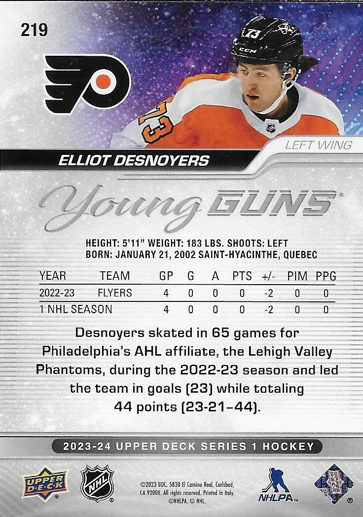 Signed Elliot Desnoyers 2023-24 UD Young Guns Philadelphia Flyers Rookie Card