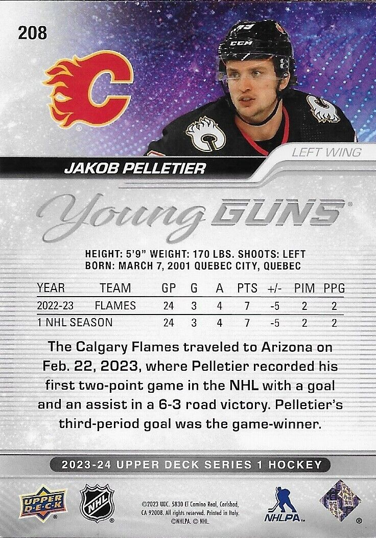 Signed Jakob Pelletier 2023-24 UD Young Guns Calgary Flames Rookie Card