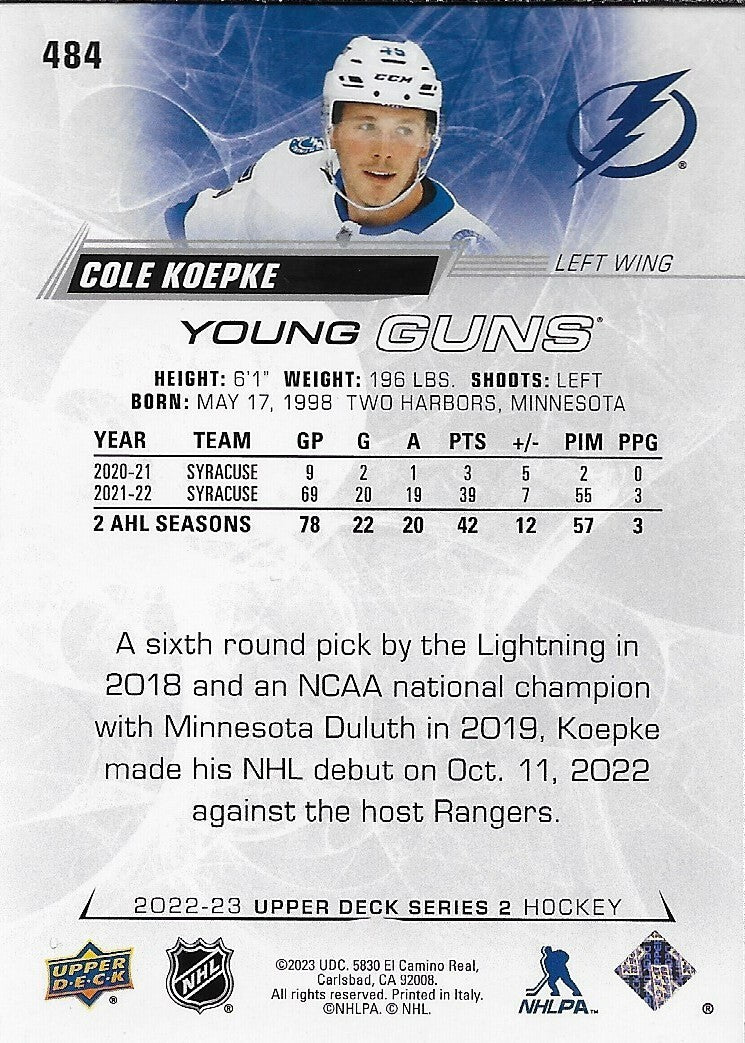 Signed Cole Koepke 2022-23 UD Tampa Bay Lightning Young Guns Rookie Card