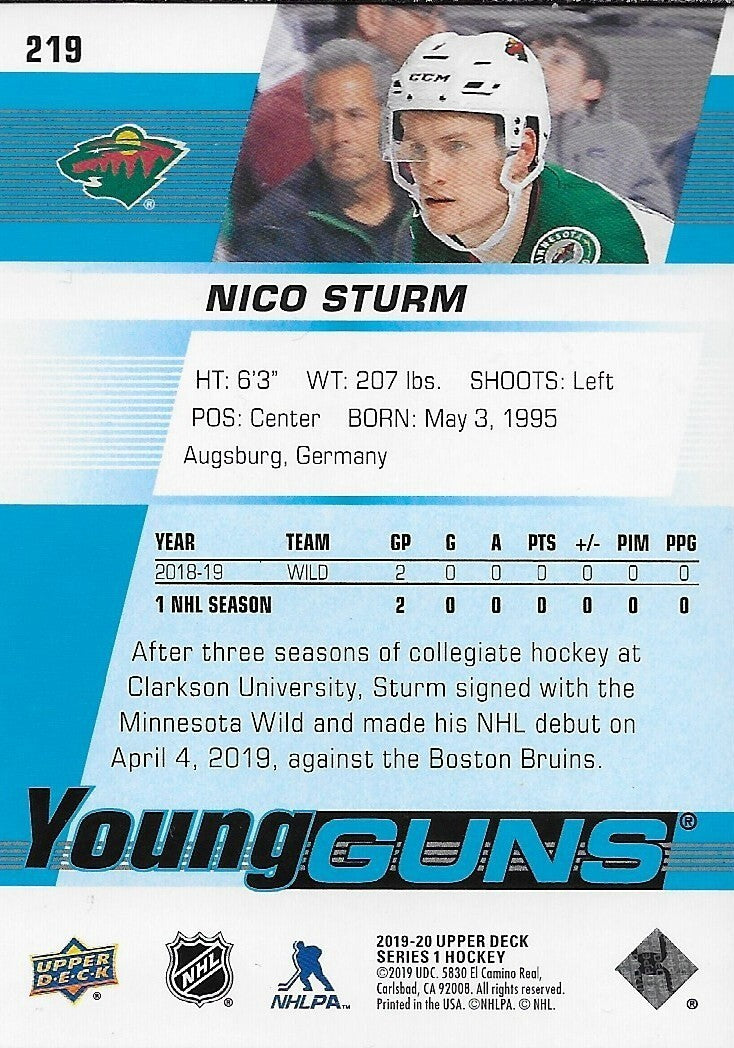 Signed Nico Sturm 2019-20 UD Young Guns Minnesota Wild Rookie Card