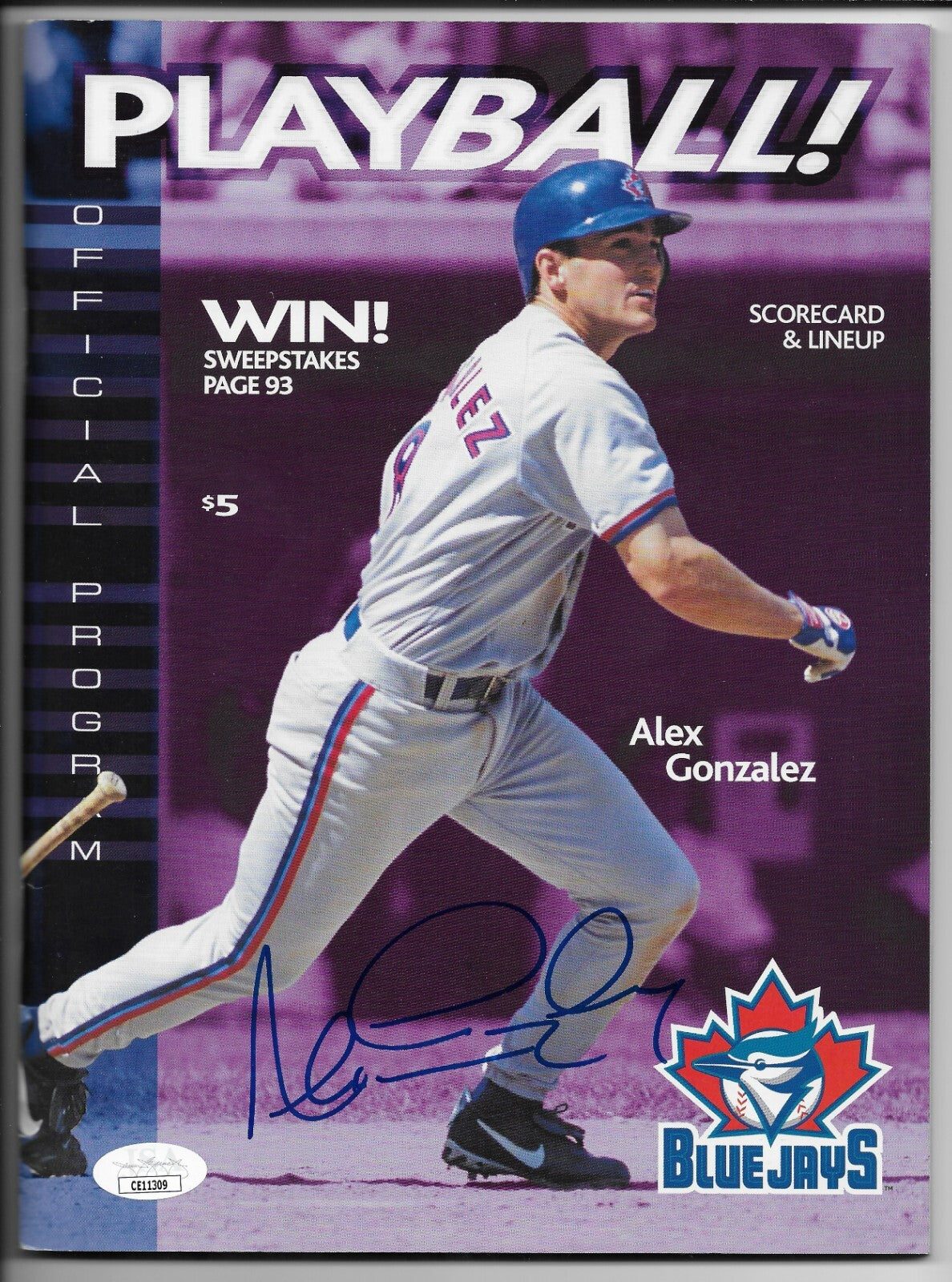 Signed Alex Gonzalez Toronto Blue Jays Program Autographed w JSA Authentication
