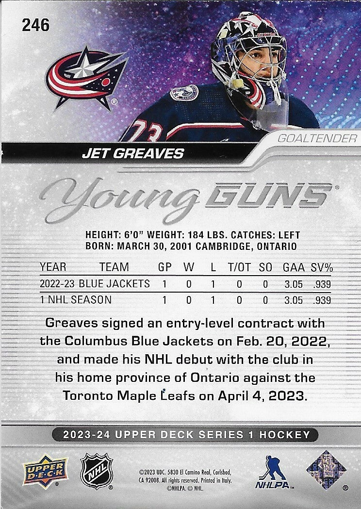 Signed Jet Greaves 2023-24 UD Columbus Blue Jackets Young Guns Rookie Card