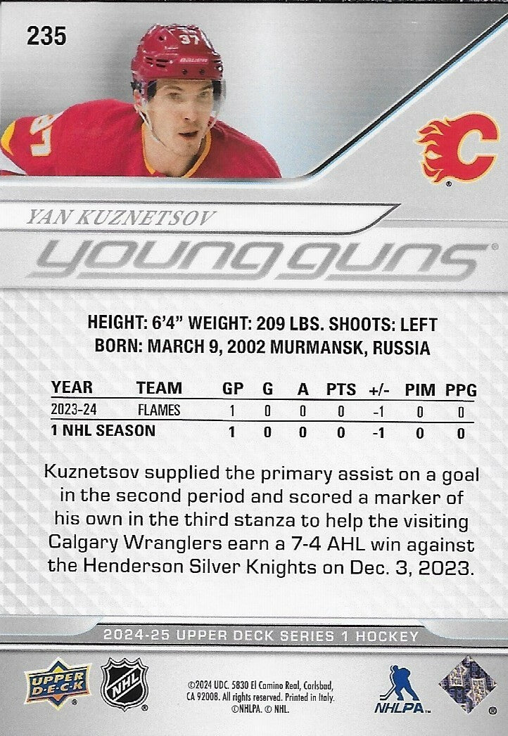 Signed Yan Kuznetsov Young Guns 2024-25 UD Calgary Flames Rookie Card