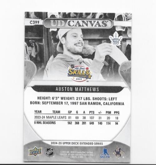 Auston Matthews 2024-25 Upper Deck Extended Canvas Skills Black and White c399