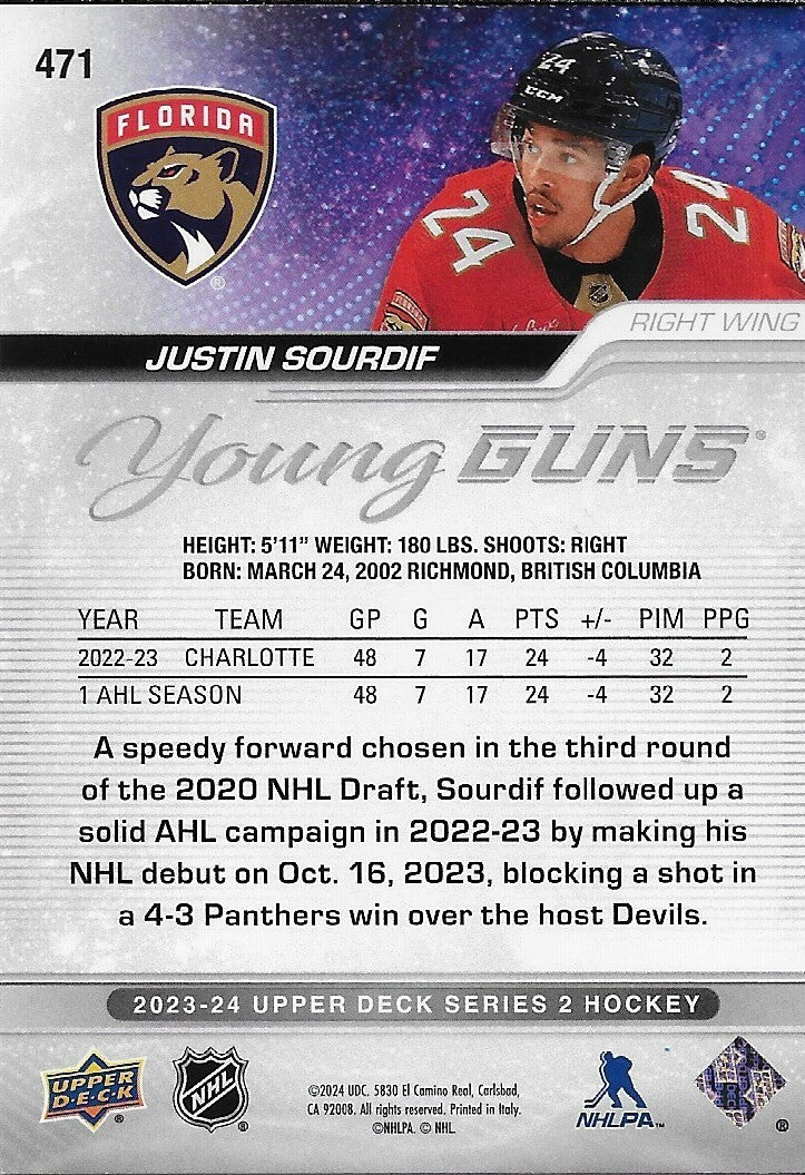 Signed Justin Sourdif 2023-24 UD Florida Panthers Young Guns Rookie Card