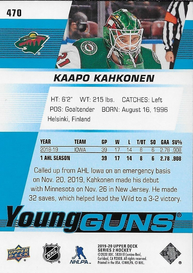 Signed Kaapo Kahkonen 2019-20 UD Young Guns Minnesota Wild Rookie Card