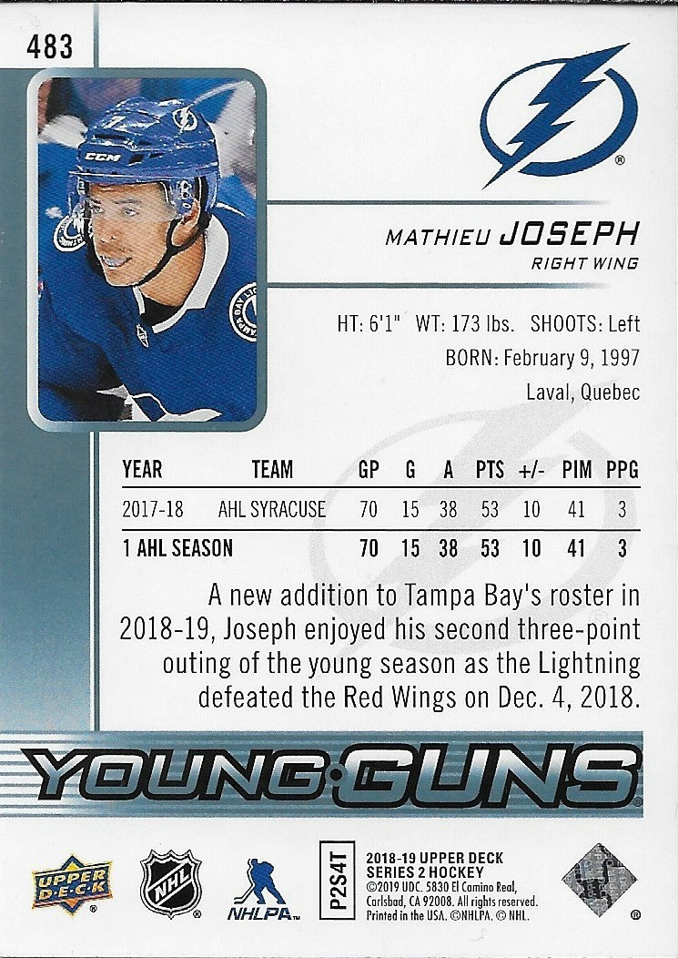 Signed Mathieu Joseph 2018-19 UD Tampa Bay Lightning Young Guns Rookie Card