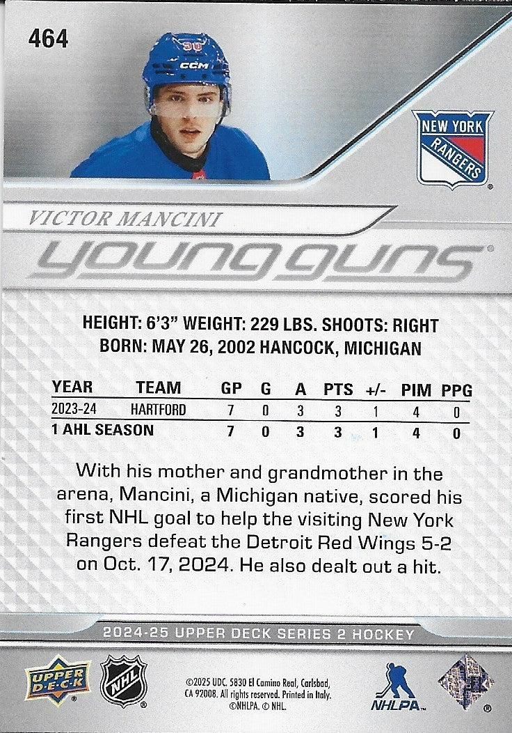 Signed Victor Mancini 2024-25 UD New York Rangers Young Guns Rookie Card
