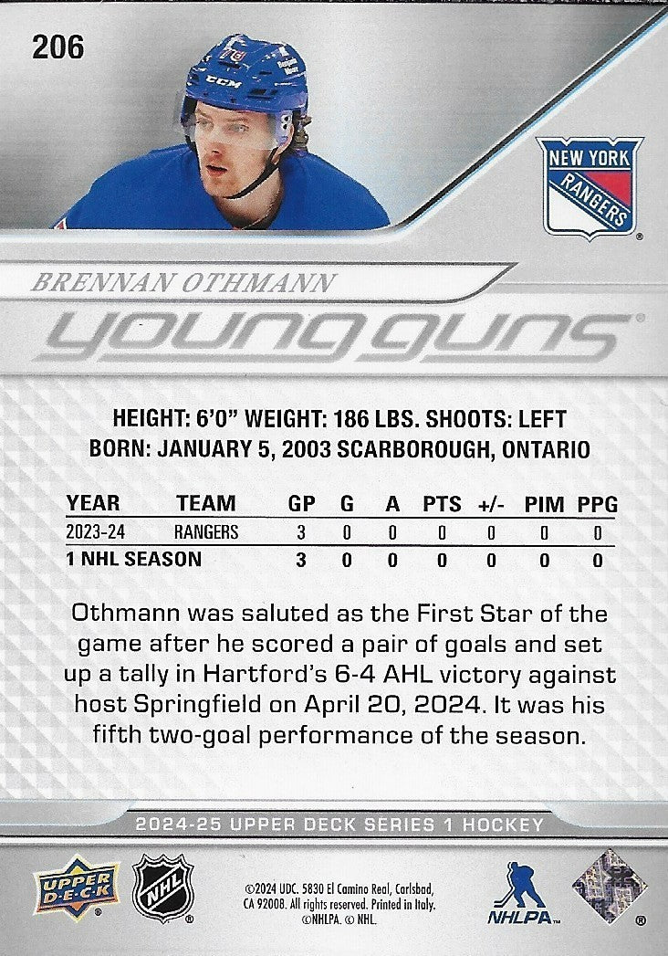 Signed Brennan Othmann 2024-25 UD New York Rangers Young Guns Rookie Card