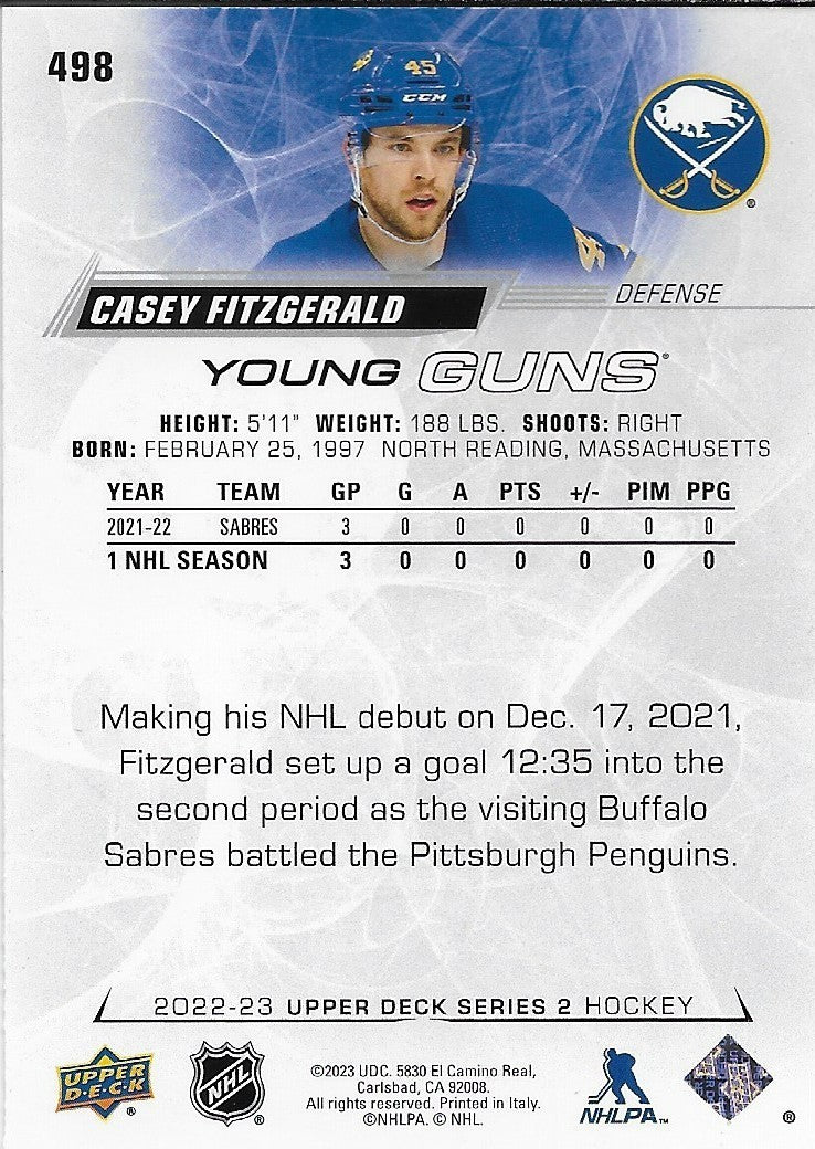 Signed Casey Fitzgerald 2022-23 Upper Deck Buffalo Sabres Young Guns Rookie Card
